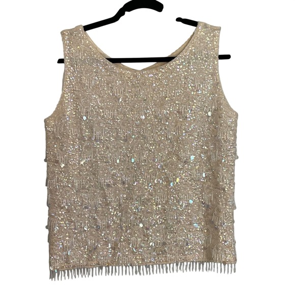 Vintage Tops - Vintage Wool Sequin Beaded Fringe Top Cream Iridescent Small Flapper Gatsby